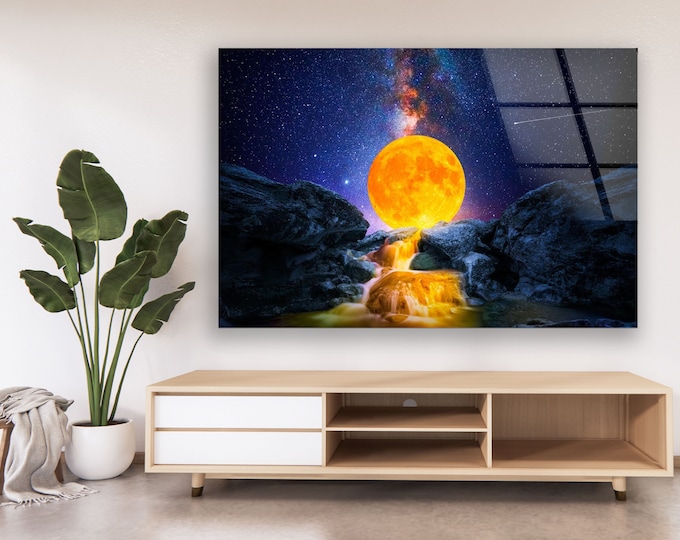 Extra Large Wall Art-Tempered Glass Printing Wall Decor-ation-Moon View Wall Art-Night Sky Full Moon Wall Art-Christmas Gifts