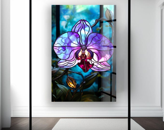 Tempered Glass Orchid Wall Art – Purple Stained Glass Style Flower Print – Elegant Botanical Decor On Glossy Tempered Glass Panel