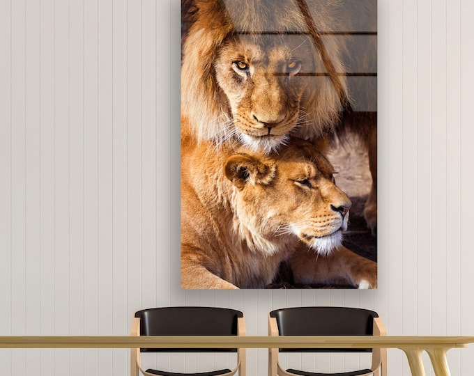 Lion Couple Wall Art – Majestic Male and Female Lion Portrait on Tempered Glass, Romantic Wildlife Decor for Love, Strength, and Unity