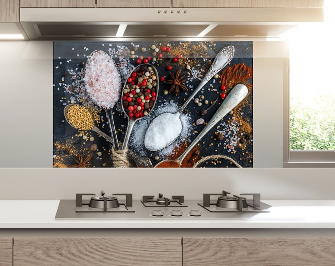 Tempered Glass Spices Backsplash Design-Cooker Wall Backsplash Panel-Glass Splashback For Kitchen Panel Design-Spoon Spice Splashback