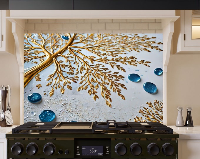 Tempered Glass Backsplash-Life of Tree Backsplash Tiles-Metal Backsplash-Tree of life Splashback Stove Back Cover-Backsplash Behind Stove