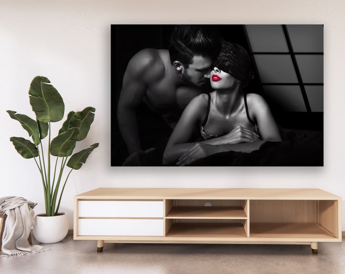 Tempered Glass Wall Art-Framed Wall Art-Extra Large Wall Art for Living Room Decor-Glass Printing Woman Wall Decor-Woman Red Lips Wall Art