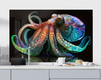 Octopus Glass Backsplash Panel – UV Printing, 4 mm Tempered Glass  -Sizes up to 60x40"