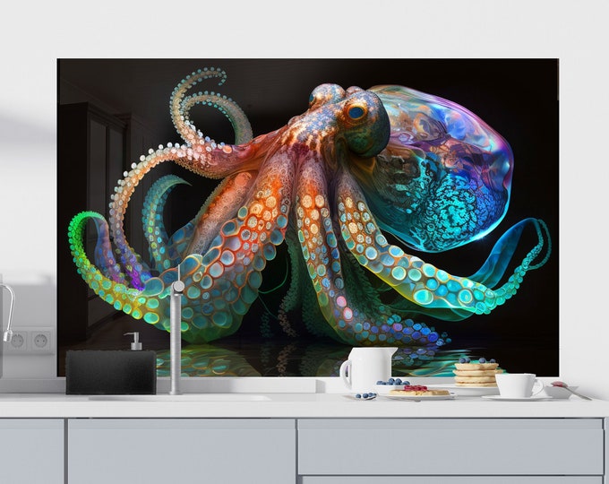 100x65 cm Tempered Glass Octopus Backsplash Tile Stove Back Cover-Kitchen Fish Backsplash Tile- Stove Aquarium Backsplash