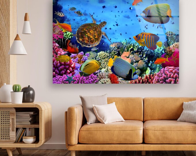 Tropical Ocean Reef Glass Wall Art - Vibrant Coral Scene with Sea Turtle and Exotic Fish - Marine Panel for Coastal or Kids Room Decor