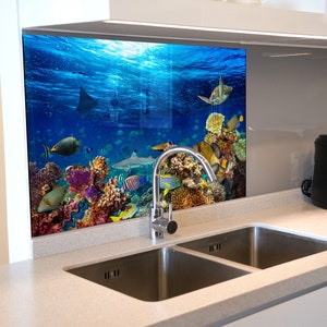Kitchen Glass Splashback Aquarium Underwater Sea Tempered Glass Sea Turtle Backsplash Tile Kitchen Backsplash Tiles-Cooker Panel Waterproof