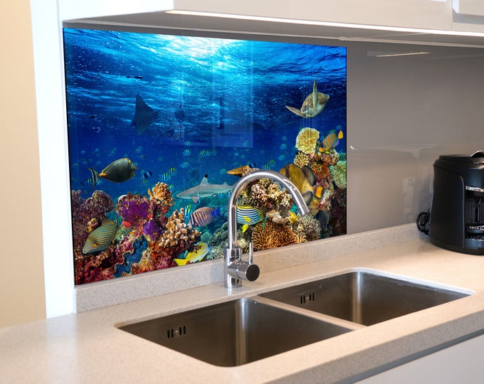 Kitchen Glass Splashback Aquarium Underwater Sea Tempered Glass Sea Turtle Backsplash Tile Kitchen Backsplash Tiles-Cooker Panel Waterproof