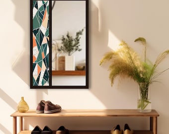 Terrazzo Geometric Tempered Glass Wall Mirror | Mid-Century Modern Tile Design | Decorative MDF Frame | Bathroom & Entryway Wall Decor