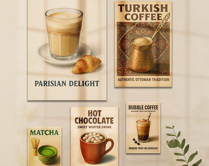 Coffee Glass Wall Art Set – 5 Piece Tempered Glass Prints of Iconic Coffee Drinks for Kitchen & Café Decor
