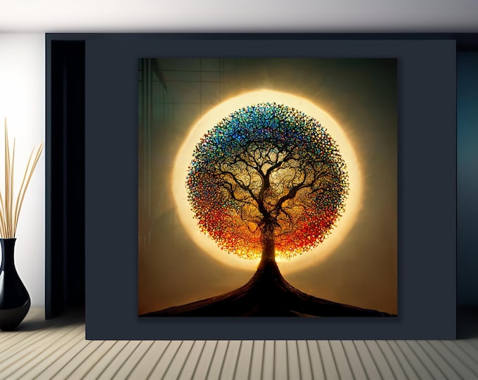 Tempered Glass Tree of Life Wall Art – Radiant Colorful Mandala Decor | Spiritual Abstract Tree, Illuminated Nature Wall Hanging, Gift Ideal