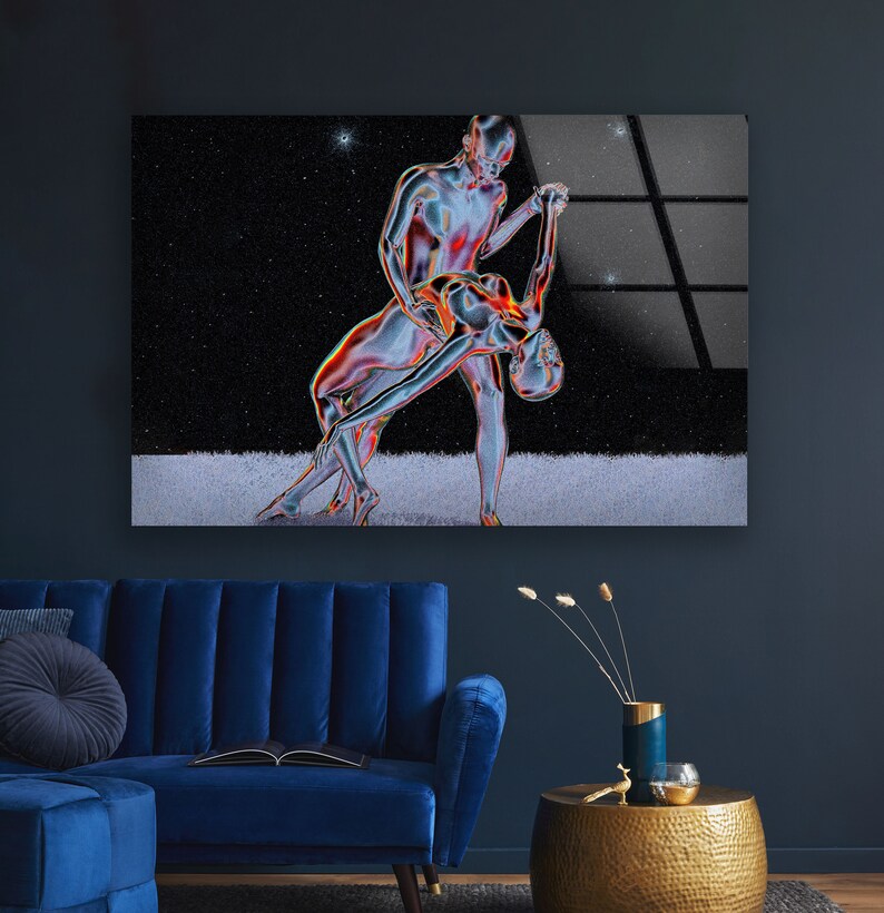 Futuristic Couple Abstract Wall Art – 4mm Tempered Glass UV Printed Metallic Design – Modern Love-Inspired Home Decor Panel image 6