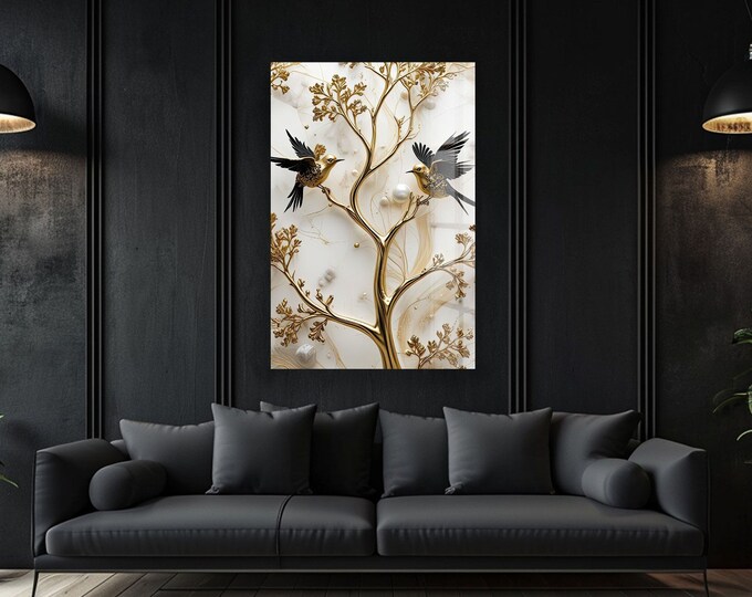 Tempered Glass Wall Art,Gold Tree Wall Decor,Home Decor,Glass Printing Art,Nature Wall Art Gifts for her,Tree wall art,Tempered glass art