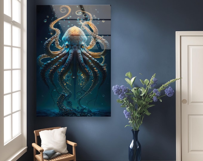 Tempered Glass Octopus Wall Art – Deep Sea Fantasy Creature With Glowing Tentacles – Surreal Ocean Artwork On Toughened Glass Print
