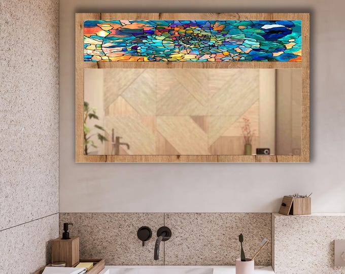 Stained Glass Mosaic Flower Tempered Glass Wall Mirror | Colorful Decorative MDF Frame Mirror | Modern Bathroom & Entryway Decor