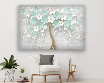 3D Tree Flower Tempered Glass Wall Art with Crystals