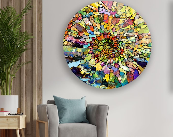 Round Stained Glass Mosaic Wall Art - Colorful Abstract Spiral Design - Handmade Cosmic Energy Panel for Modern Boho or Meditation Space