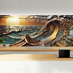 Sunset Ocean Wave Tempered Glass Backsplash Panel, 4mm UV Print, Sizes 12x12&#39;&#39; up to 60x40&#39;&#39;