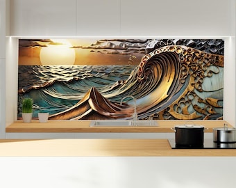 Sea Wave Tempered Glass Kitchen Backsplash: Stove Splash Cover