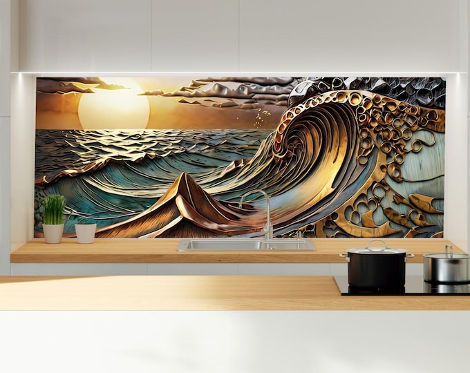 Tempered Glass Backsplash Tile-Sea View Backsplash Tiles-Stove Backsplash for Kitchen Splashback for Stove Back Cover-Sea Wave Backsplash
