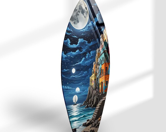 Glass Printing Wall Art-Large Wall Decor Living Room-UV Painted Glass Wall Art- Art- Moon Glass Printing-Moon Art Surfboard-