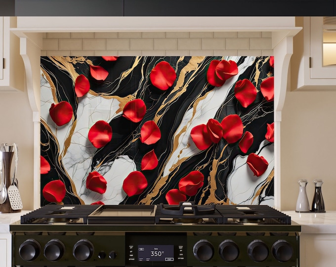 Tempered Glass Backsplash Tile-Flower Backsplash Tiles-Stove Backsplash for Kitchen Splashback for Stove Back Cover-Red Rose  Backsplash