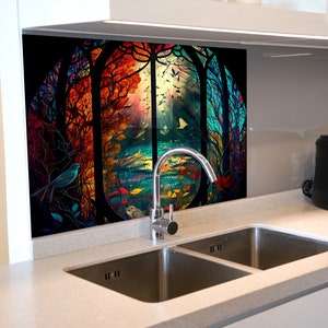 Tempered Glass Kitchen Splashback: Stained Bird Flower Design