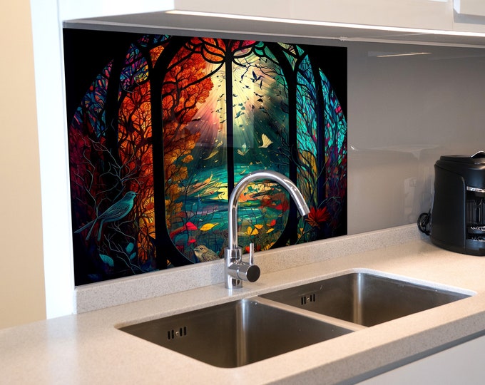 Kitchen Glass Splashback-Tempered Glass Flower Backsplash Tile Kitchen Backsplash Tiles-Cooker Panel Waterproof-Stained Bird Splashback