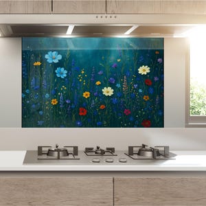 Puede incluir: Un protector contra salpicaduras de cocina con un diseño floral vibrante. La obra de arte presenta una variedad de flores silvestres coloridas, incluyendo flores azules, amarillas, rojas y blancas, sobre un fondo azul oscuro. El protector está instalado sobre una encimera de gas de acero inoxidable.