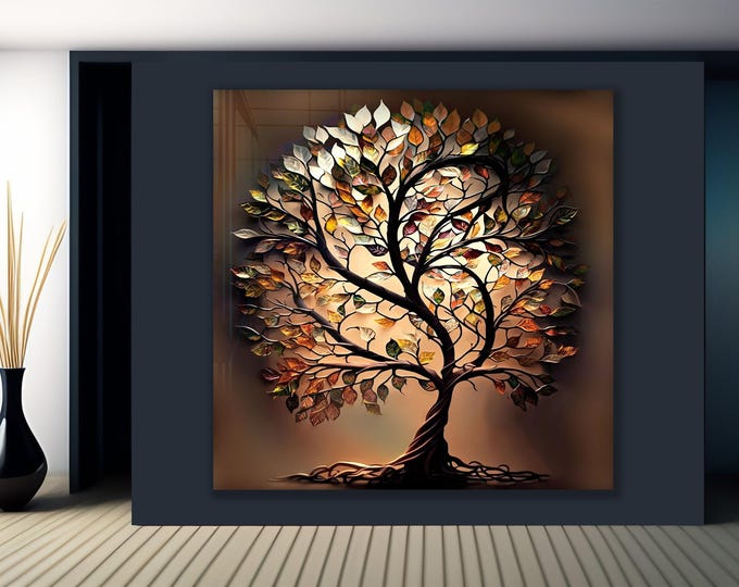 Tree of Life Stained Glass Wall Art – Tempered Glass Panel in Autumn Tones | Spiritual Home Decor, Symbolic Gift, Rooted Growth Artwork