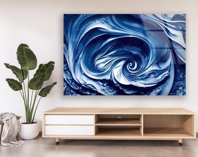 Deep Blue Swirl Glass Wall Art – Fluid Abstract Ocean-Inspired Panel, Modern Flowing Texture Print, Elegant Motion Statement for Calm Spaces