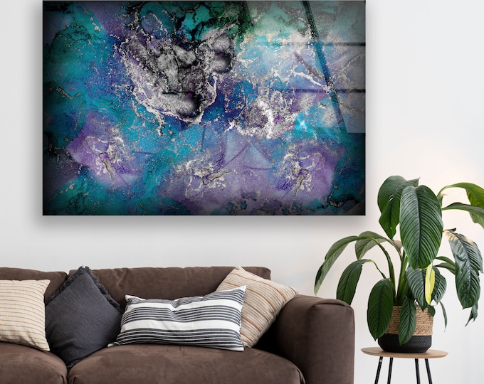 Tempered Glass Wall Art-UV Printing-Natural Pattern and Vivid Wall -Silver Alcohol ink Blue Abstract Wall Art-Glass Painting Art