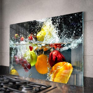 Achterkant keuken gehard glas en fruit: wandpaneel fornuis