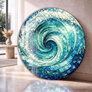 Round Glass Wall Art Ocean Spiral Design, Blue Teal Mosaic Wave Circle Decor, Coastal Home Artwork