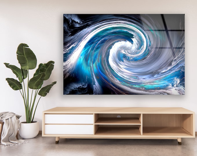 Tempered Glass Wall Art for living room-Wall Decor-Glass Printing-Large Wall Art-Wall Hangings-Blue Abstract Wall Art-Blue Fractal Art