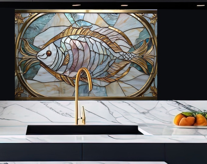 Tempered Glass Backsplash-Mosaic Fish Backsplash Tiles-Fish Backsplash for Kitchen Splashback for Stove Back Cover-Fish Mosaic Tile Stained