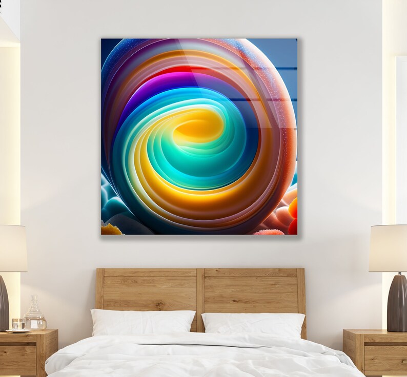Side view of round tempered glass art piece showing 4mm thickness and durable back hanger