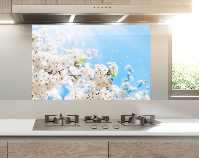 Tempered Glass Leaves Backsplash-Floral Backsplash Tile-Kitchen Decor-Stove Back Cover-Glass Flower Leaf Splashback for Stove Top Cover
