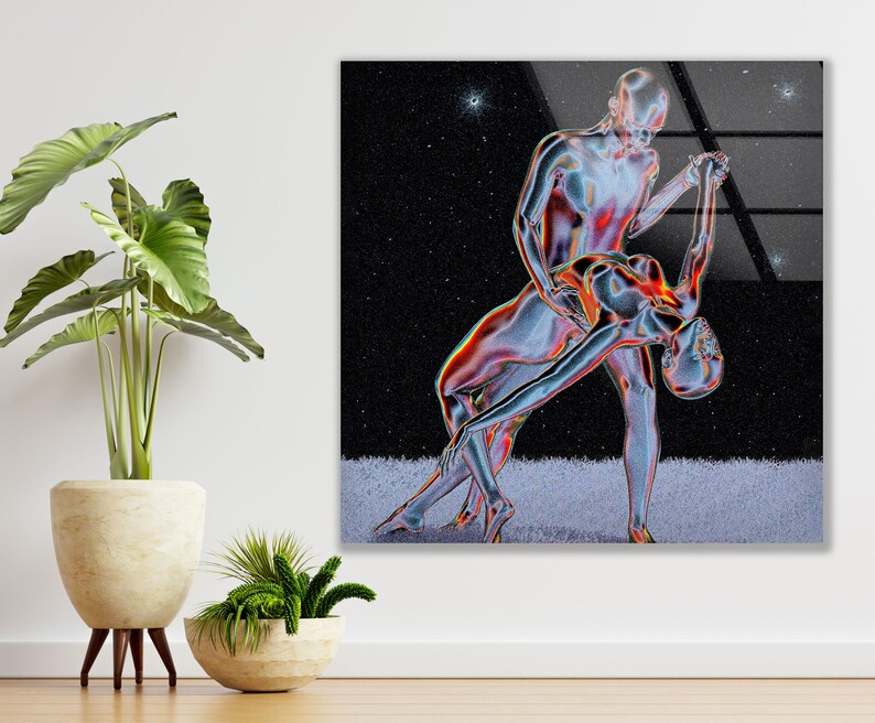 Futuristic Couple Abstract Wall Art – 4mm Tempered Glass UV Printed Metallic Design – Modern Love-Inspired Home Decor Panel image 4