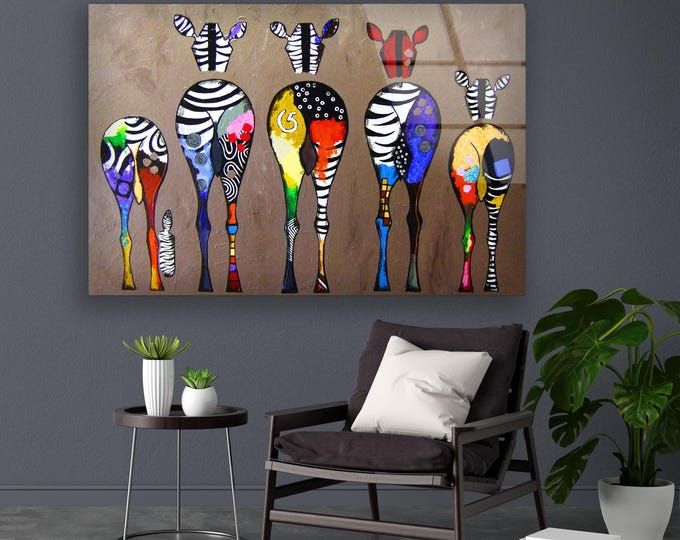 Abstract African Zebra Wall Art Panel - Hand Painted Modern Colorful Animal Decor for Living Room or Office - Vibrant Glass Art Gift