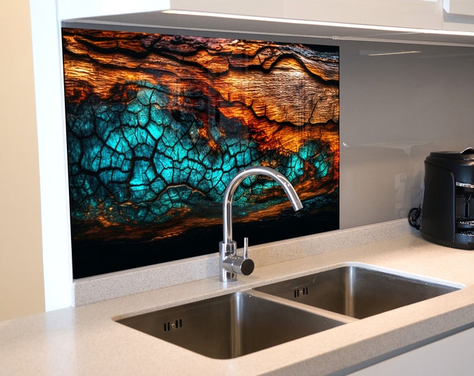 Backsplash Tile- AbstractTempered Glass Protection-Kitchen Backsplash-Splashback Kitchen Decoration-Bathroom Backsplash Wood Blue Wall Art