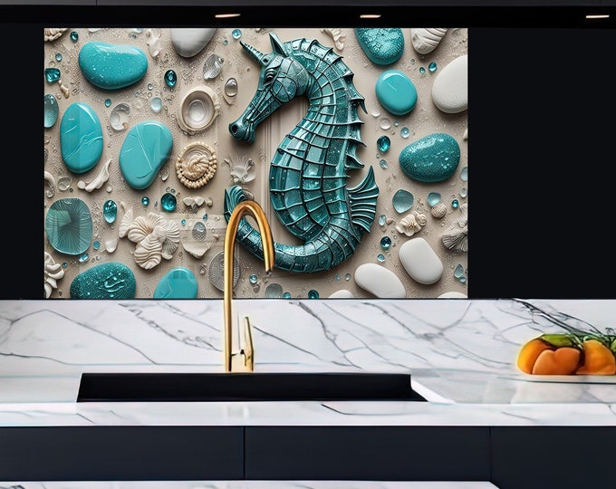 Tempered Glass Backsplash-Sea Horse Backsplash Tiles-Stove Backsplash for Kitchen Splashback for Stove Back Cover-Aquarium Backsplash