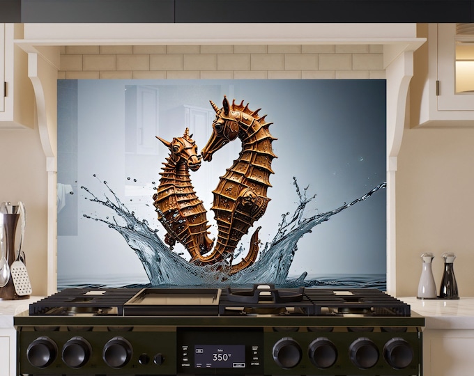 Tempered Glass Backsplash-Sea Horse Backsplash Tiles-Stove Backsplash for Kitchen Splashback for Stove Back Cover-Aquarium Backsplash