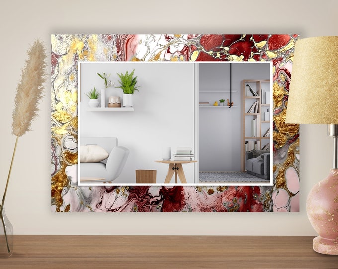 Entryway Hallway Mirror for Bathroom Vanity-Decorative Mirror on Tempered Glass-Living Room Mirror Luxury Home Decor-Red Gold Mirror