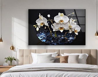 Tempered Glass Art-Glass Printing Art-Tempered Glass Wall Art-Glass Wall Decor-Floral Decor-White Flower Wall Art-Abstract Flower Art