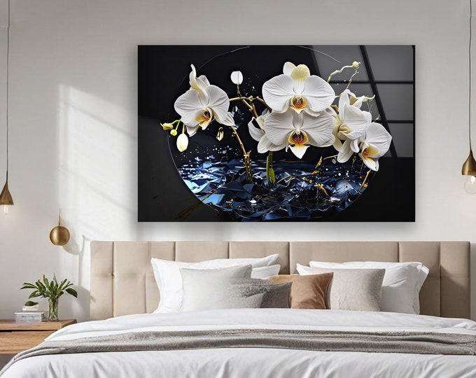 Tempered Glass Art-Glass Printing Art-Tempered Glass Wall Art-Glass Wall Decor-Floral Decor-White Flower Wall Art-Abstract Flower Art