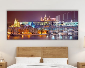 Tempered Glass Panoramic Wall Art: Prague Cityscape Print