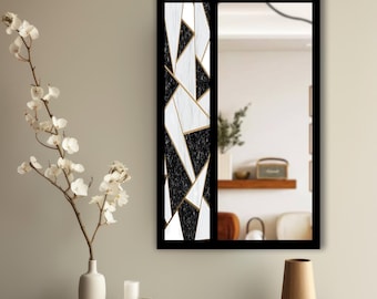 Black White Geometric Tempered Glass Wall Mirror | Modern Abstract Mosaic Design | Decorative MDF Frame | Entryway & Bathroom Wall Decor