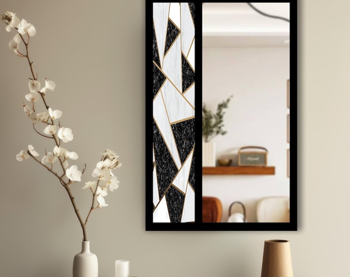 Black White Geometric Tempered Glass Wall Mirror | Modern Abstract Mosaic Design | Decorative MDF Frame | Entryway & Bathroom Wall Decor