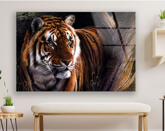 Tempered Glass Wall Art-Framed Wall Art-Extra Large Wall Art for Living Room Decor-Glass Printing Wall Decor-Wild Animal Lion Tiger Wall Art