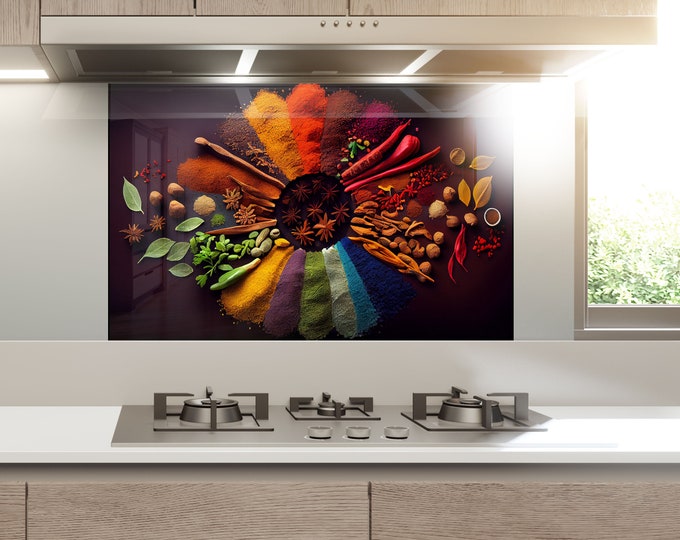 Tempered Glass Herbs Backsplash Design-Cooker Wall Backsplash Panel-Glass Splashback For Kitchen Panel Design-Red Pepper Spices Splashback